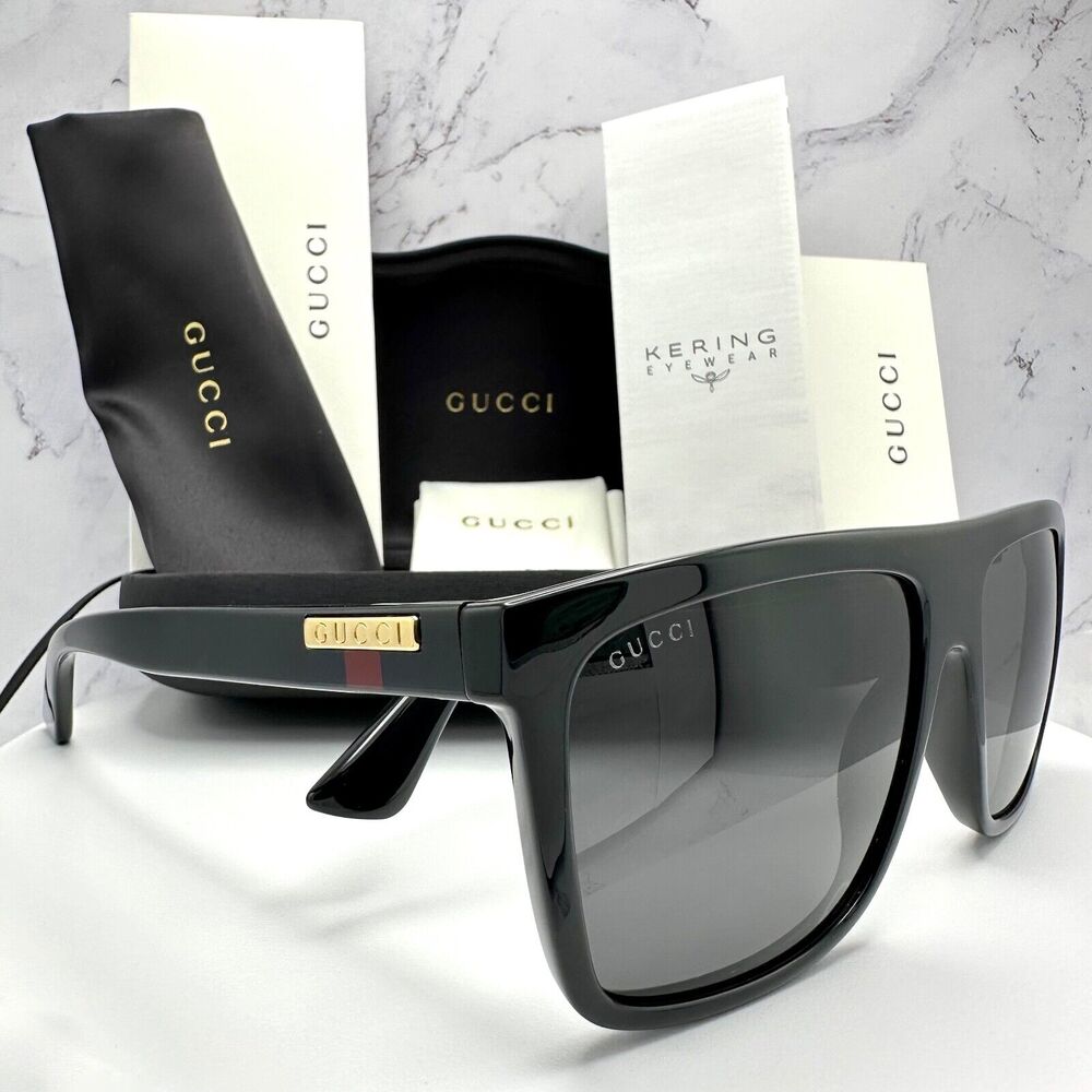 New GUCCI Sunglasses Black Square Aviator Gold Plate Engraved Logo Web Arm GUCCI - Picture 1 of 16
